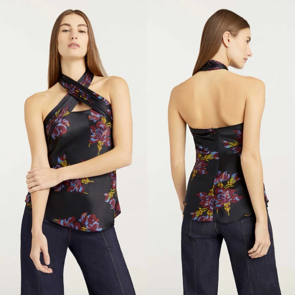 NWT Cinq A Sept Bryce Floral Silk Crisscross Halter Top in Black Multi size L